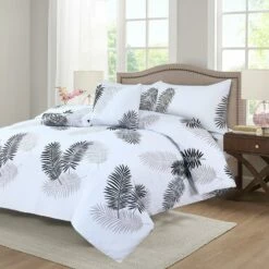 White Duvet Cover | Grey Leaf Art Print Bedding Set