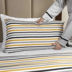 Ochre Stripe Reversible Duvet Cover Set -Bed Linings Sale BlackYellowStripe 6