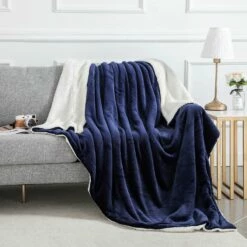 Sherpa Blanket Fluffy Throw Single, Double & King Size -Bed Linings Sale Navy sherpa 4375d6fc 5b5f 43a5 8aaa 74ab34588527
