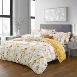 Microfiber Duvet Cover Ochre Flower Print Bedding Set
