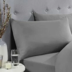 Grey Pillow Cases Plain Cover Pair -Bed Linings Sale PlainPillowGrey 01