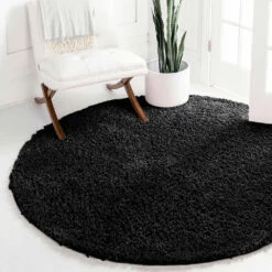 Black Round Rug High Pile Fluffy Circular Shaggy Rug