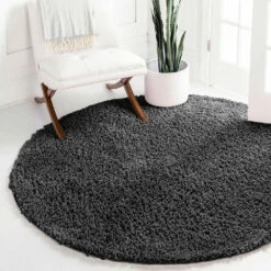 Circular Outdoor Rug Round Fluffy Shaggy Rug Charcoal