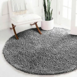 Round Grey Rug Soft Fluffy Plain Shaggy Circle Rug