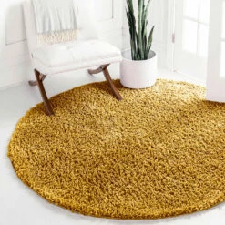 Mustard Yellow Round Shaggy Rug Plain Thick Pile