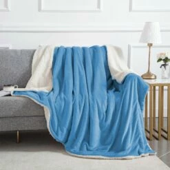 Sherpa Blanket Fluffy Throw Single, Double & King Size -Bed Linings Sale Sky Blue 6
