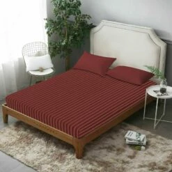 Single Bed Fitted Sheet Burgundy Striped -Bed Linings Sale StripeFittedSheetBurgundy 01