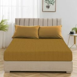 Super King Fitted Sheet Extra Deep 25cm Stripe Ochre