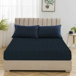 Double Fitted Sheet 25cm Extra Deep Navy Blue Stripe Bedsheet