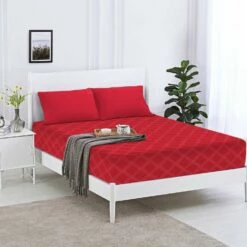 Super King Size Bed Sheet Extra Deep Red Fitted Sheet Embossed Pattern