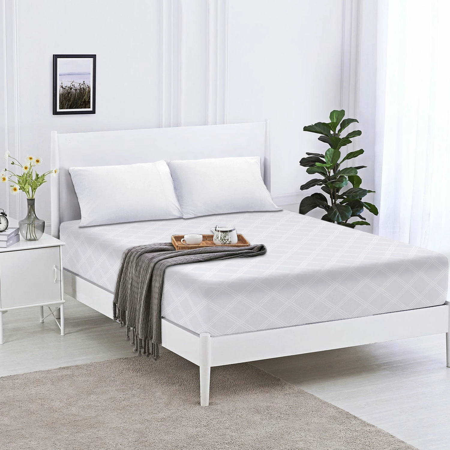 White Double Fitted Sheet Embossed 25cm Deep Bedsheet 3 White Double Fitted Sheet Embossed 25cm Deep Bedsheet