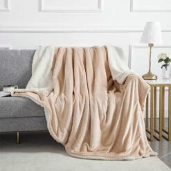 Sherpa Blanket Fluffy Throw Single, Double & King Size -Bed Linings Sale Tan sherpa