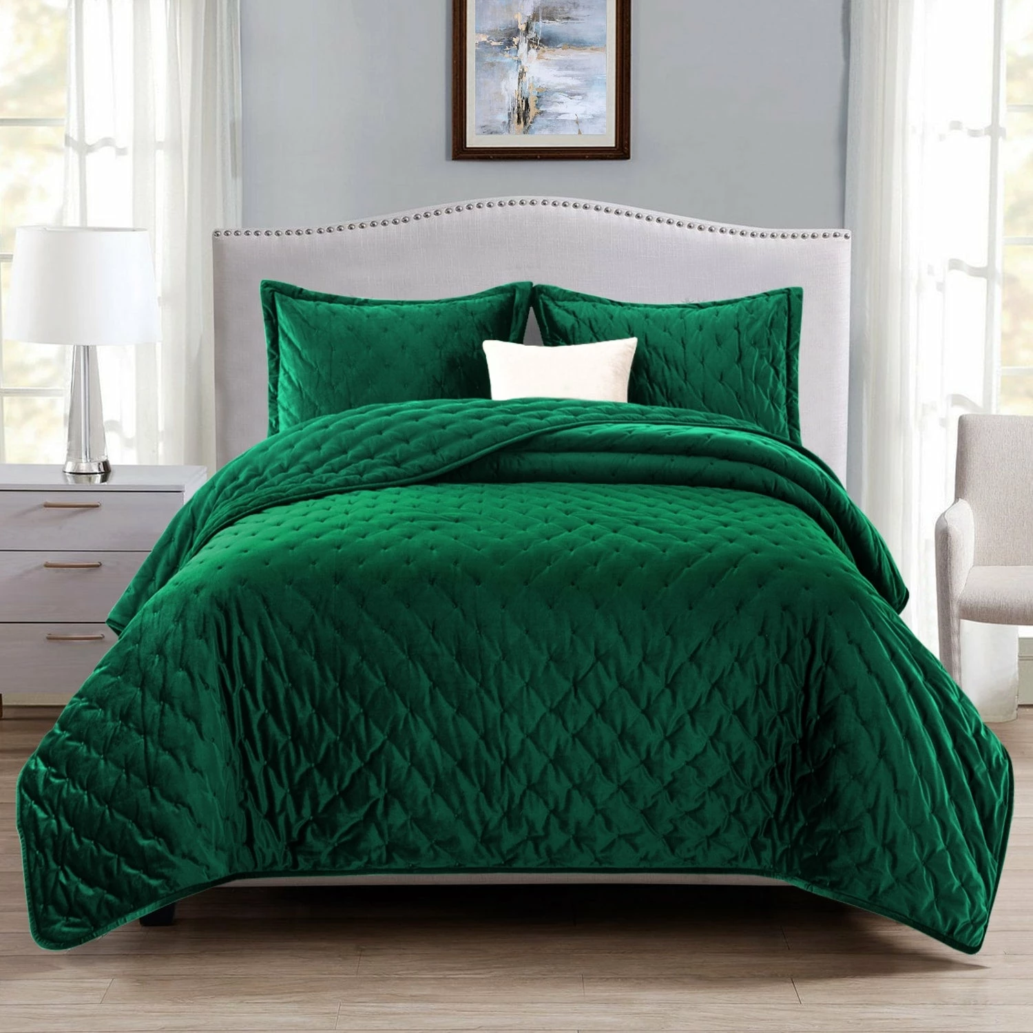 Green Bedding Crushed Velvet Bedspread Set 3 Green Bedding Crushed Velvet Bedspread Set