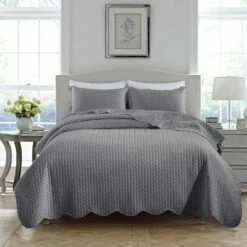 Grey Bedspread Quilted Bedding Set Embossed Comforter